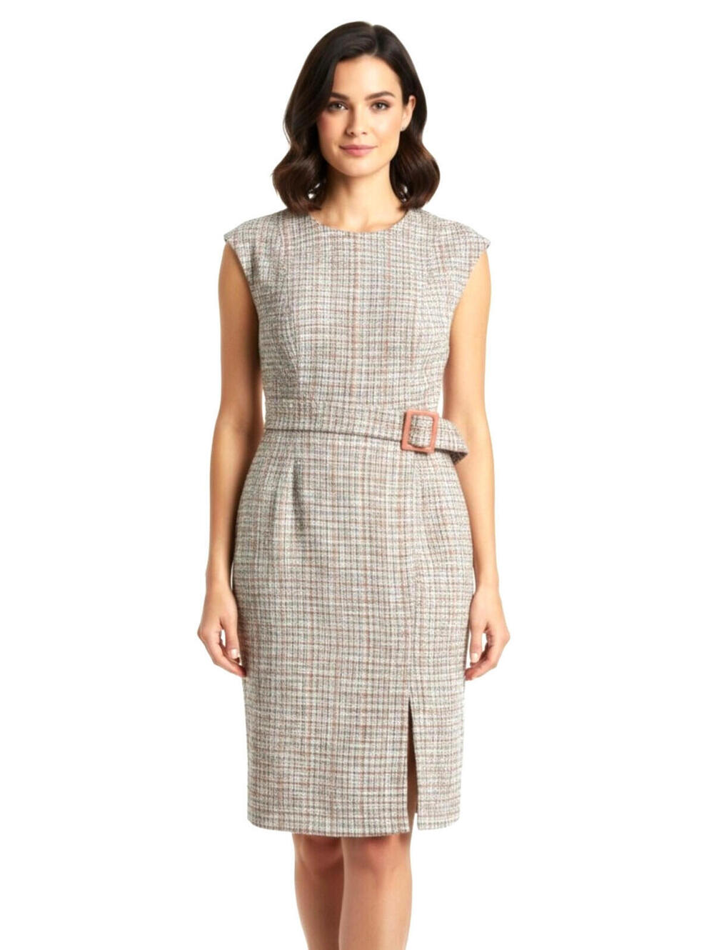 Calvin Klein Pink Tweed Dress Women's 8 NWT Cap Sleeve Belted Knee Length